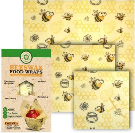 PURE & SUSTAINABLE COMPANY Beeswax Wraps - Food Storage -Pack of 3– Sustainable – Reusable - Organic Cotton Size SML (Bees Print)