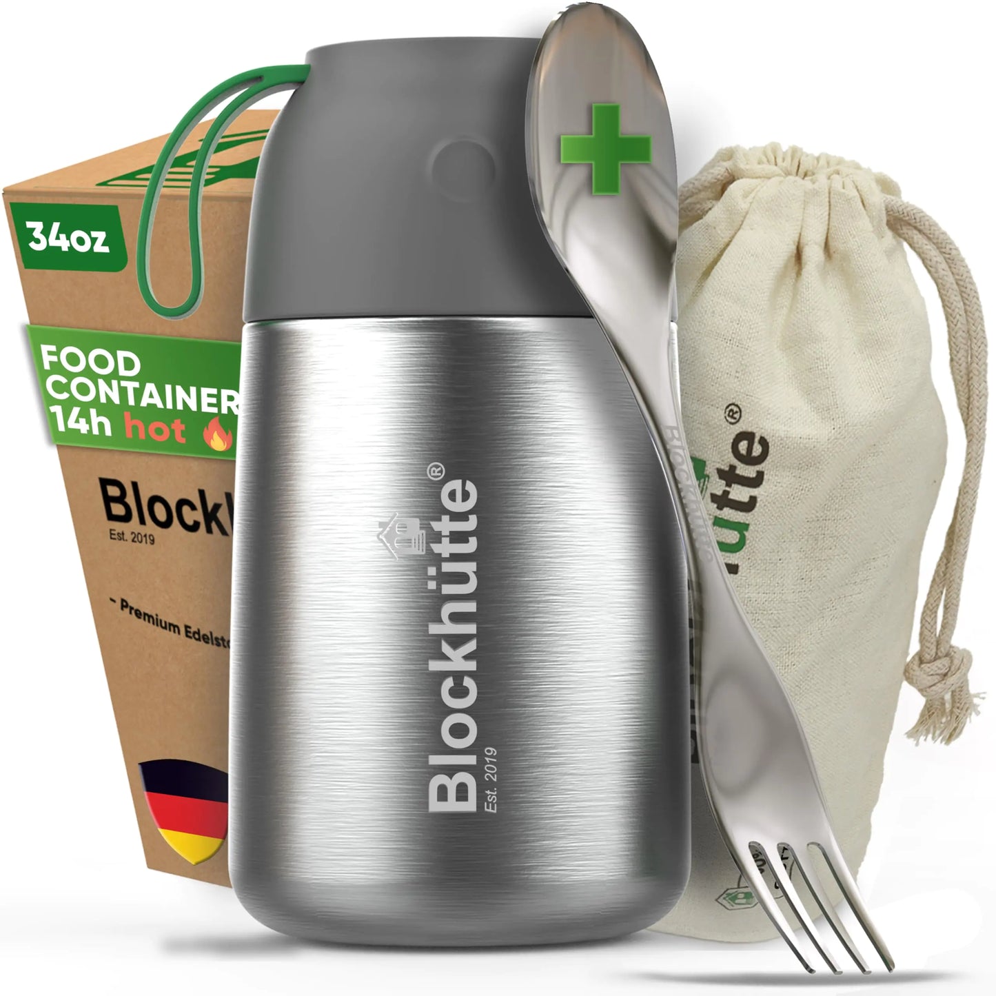 Blockhütte Thermos For Hot Food I 34 oz I 14h Hot Food I with Spork Vacuum Stainless Steel Thermal Lunch Box Leakproof Soup Thermos for hot Food Wide Mouth insulated Food Jar Food Container